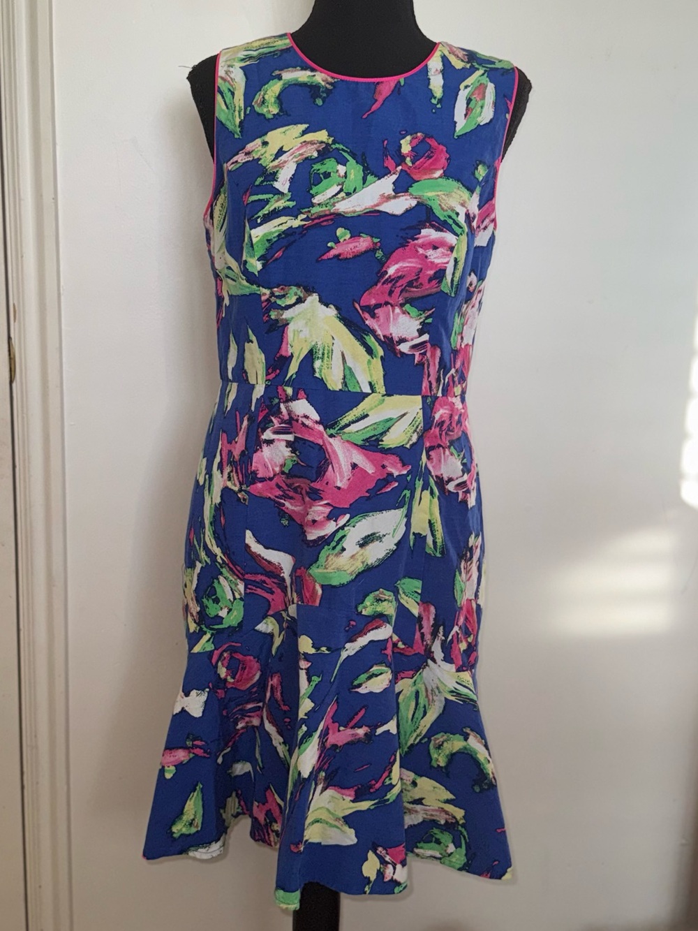 Shoshanna Silk Cotton Watercolor Floral Trumpet Flounce Midi Cocktail Dress - 8